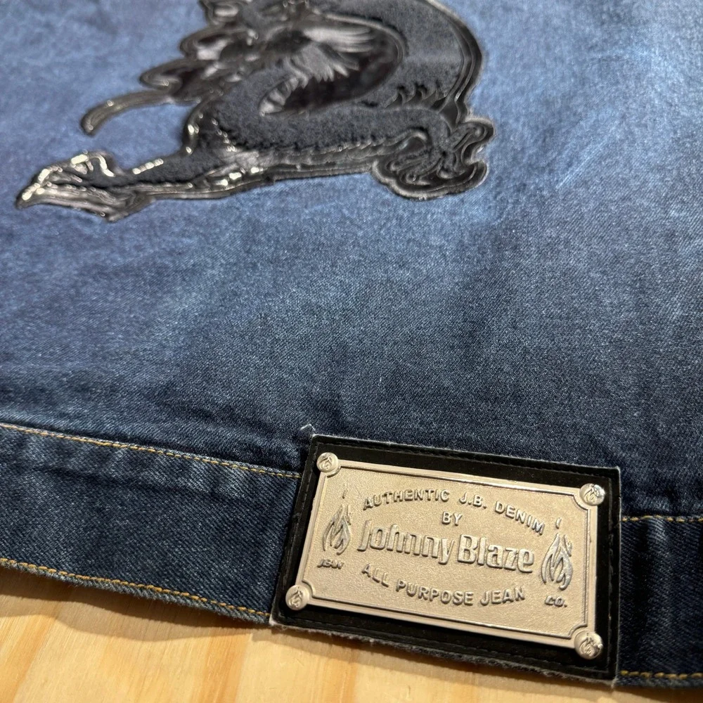 Johnny Blaze Men's Vintage Embroidered Dragon Dark Wash Denim Trucker Jacket XL